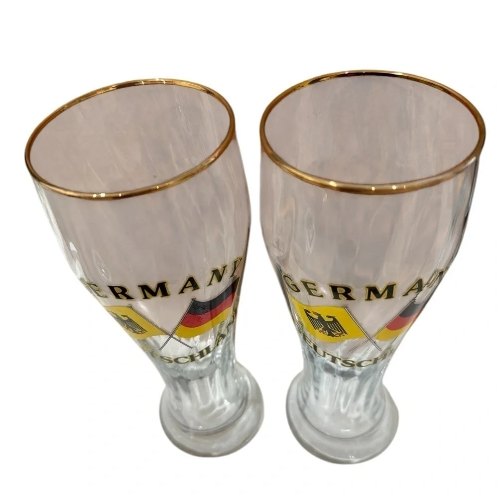 Tall Beer Glass Swirl Germany Deutschland With Gold Trim Set of 2-9 inch